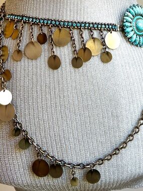Belt, Boho, ethnic turquoise, colour rhinestone brass luxurious chain, coin belt